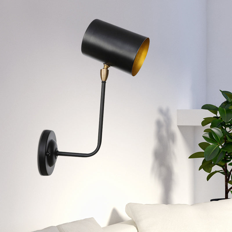 Antiqued Right Angle Arm Sconce 1 Bulb 6"/10" T Iron Wall Mounted Light in Black and Inner Gold with Cylinder Shade
