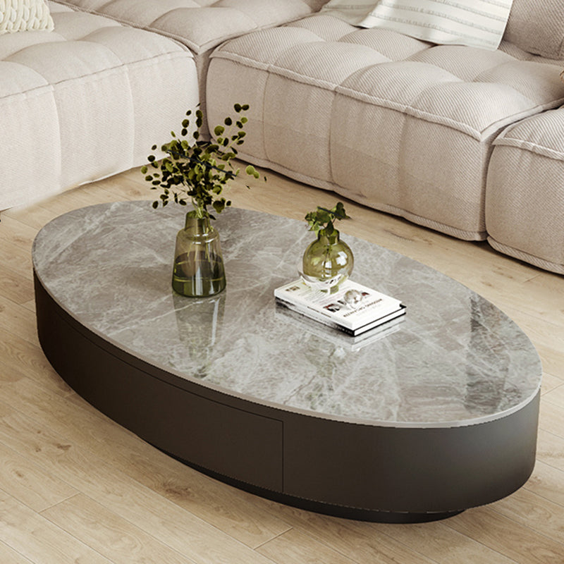 13.7"Tall Drum Oval Slate Top Coffee Table with Drawer for Living Room