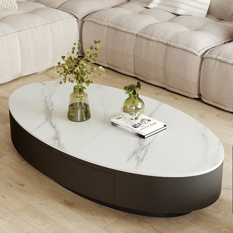 13.7"Tall Drum Oval Slate Top Coffee Table with Drawer for Living Room