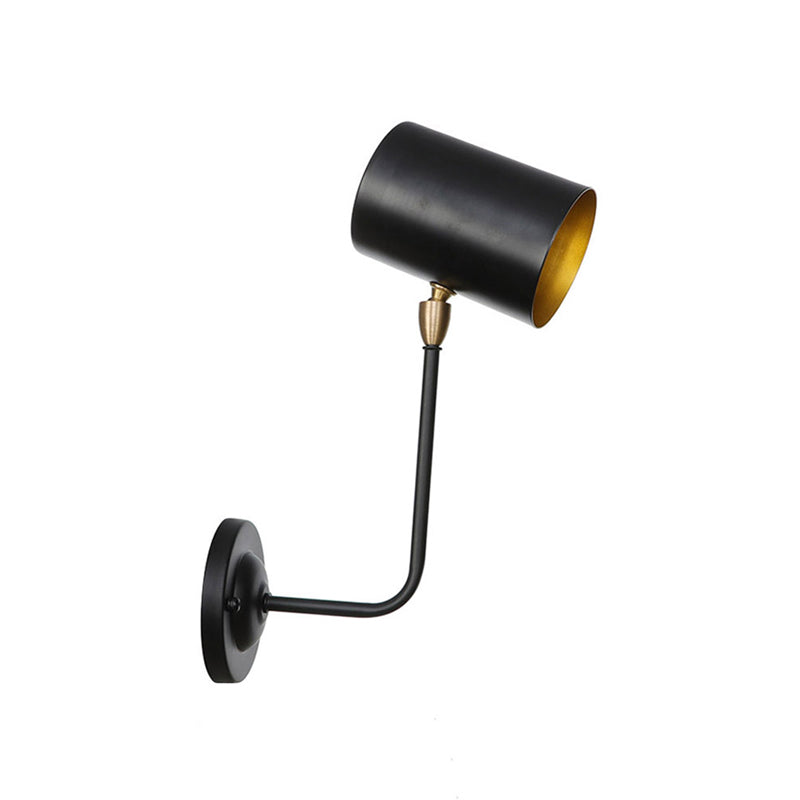 Antiqued Right Angle Arm Sconce 1 Bulb 6"/10" T Iron Wall Mounted Light in Black and Inner Gold with Cylinder Shade