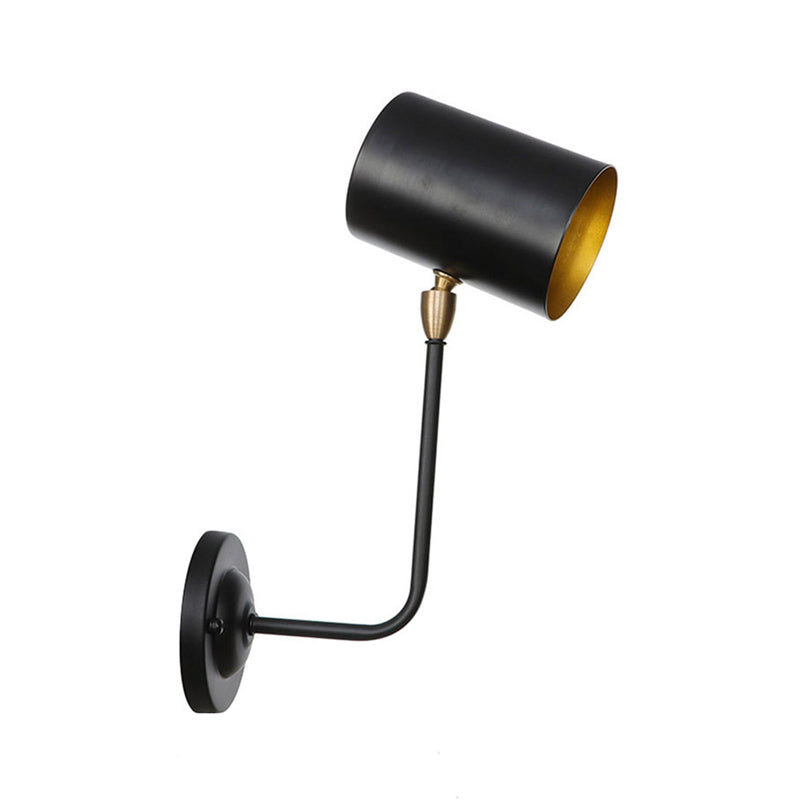 Antiqued Right Angle Arm Sconce 1 Bulb 6"/10" T Iron Wall Mounted Light in Black and Inner Gold with Cylinder Shade