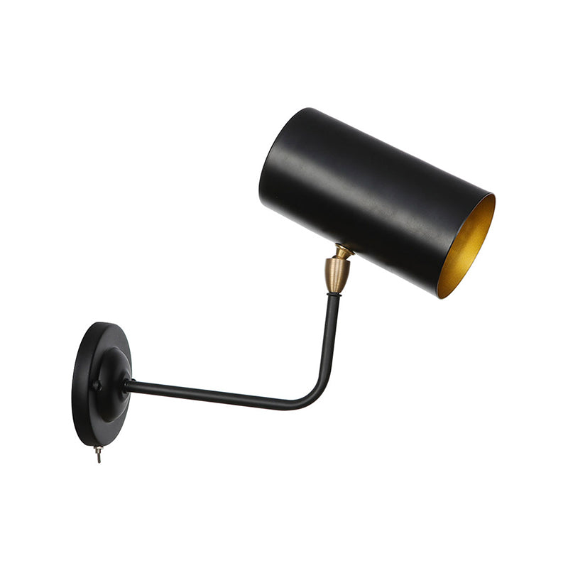 1 Light Sconce Light Fixture Industrial Cylinder Metallic Wall Mounted Lamp in Black with Bend Arm for Bedside