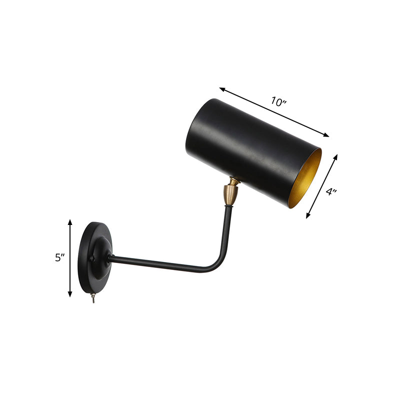 1 Light Sconce Light Fixture Industrial Cylinder Metallic Wall Mounted Lamp in Black with Bend Arm for Bedside