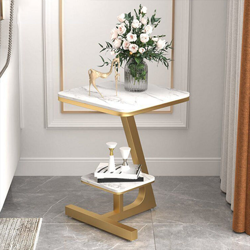 Modern Square Marble Top End Table Two-Tier Side Table with Iron Frame