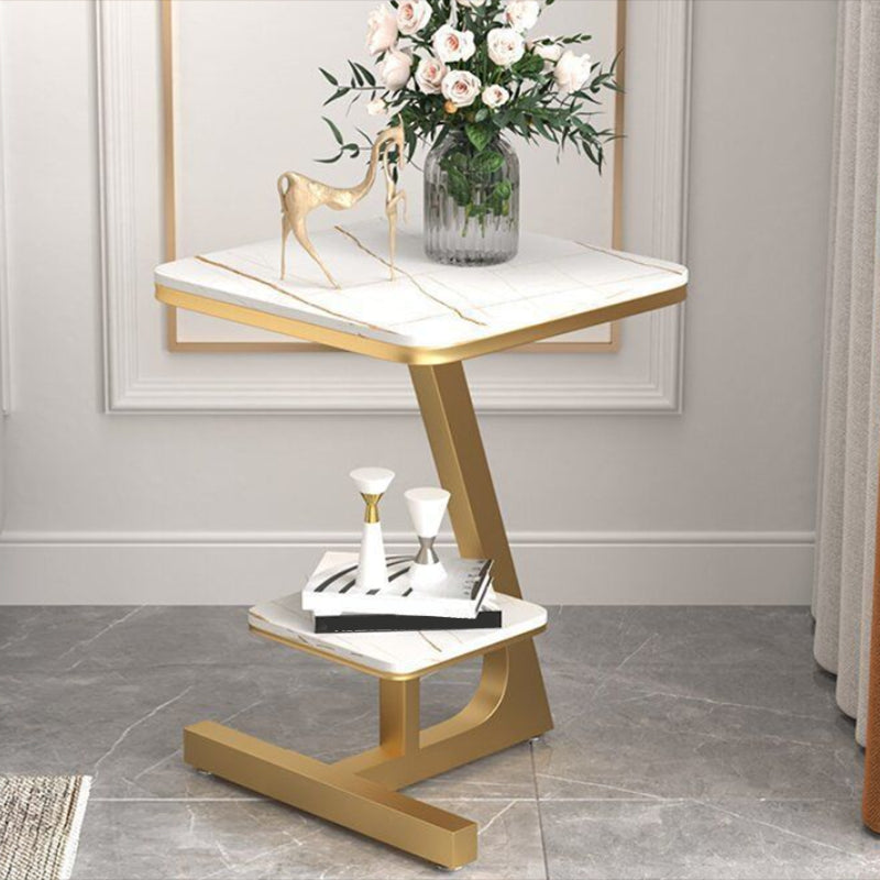 Modern Square Marble Top End Table Two-Tier Side Table with Iron Frame