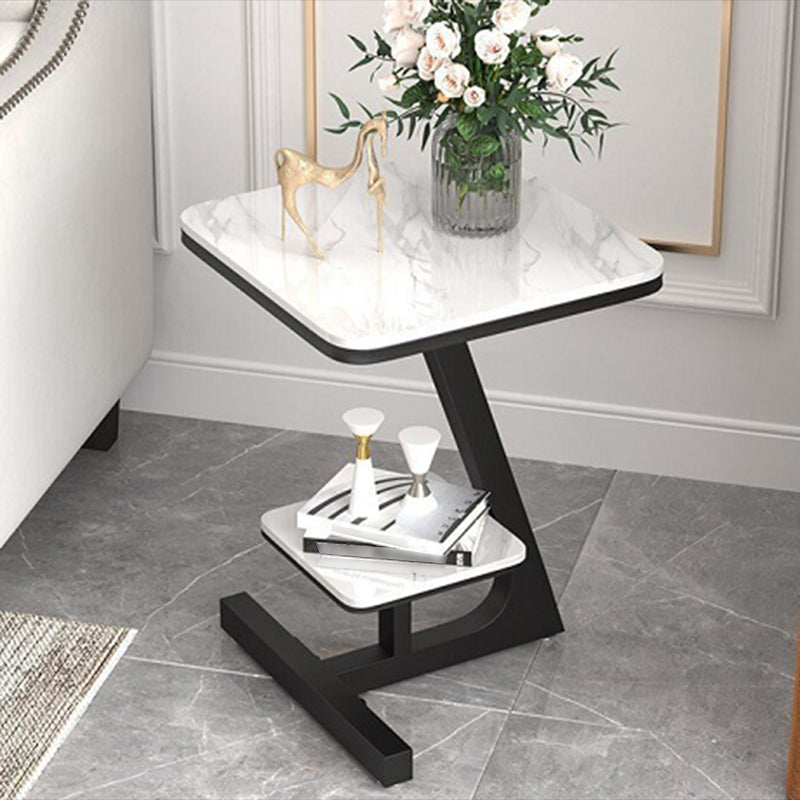 Modern Square Marble Top End Table Two-Tier Side Table with Iron Frame