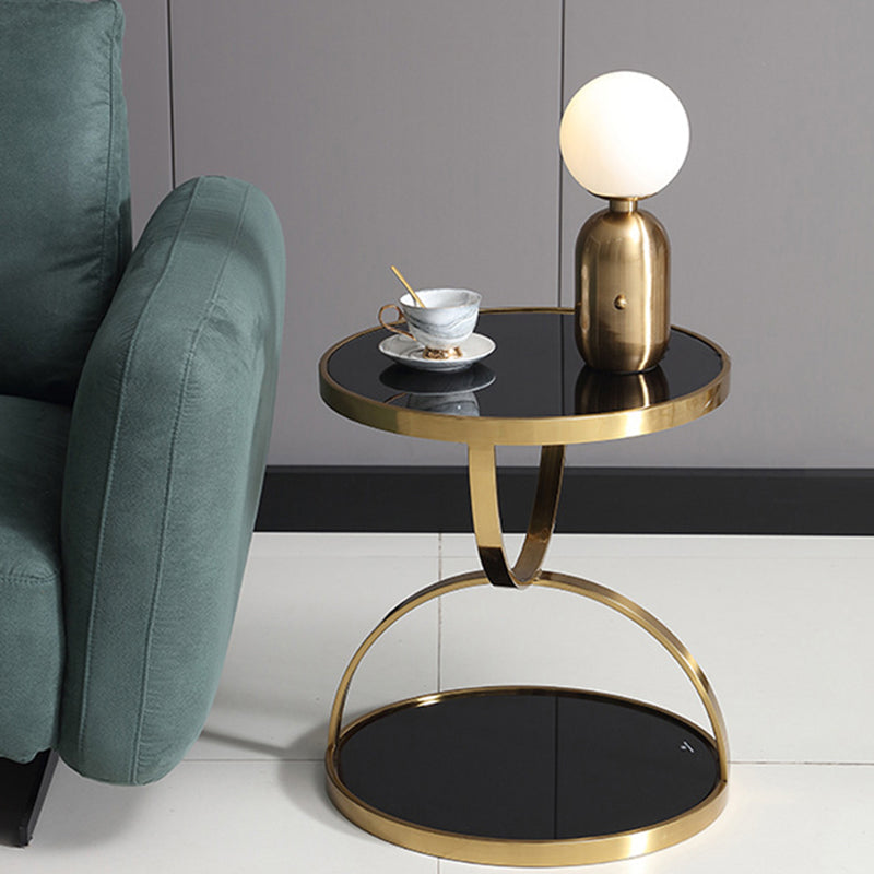 Glam Round Double Tier End Table Glossy Stone Side Table with Shelf