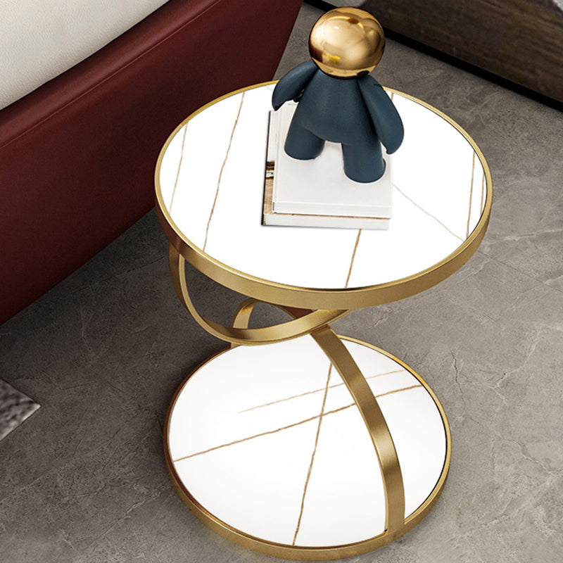 Glam Round Double Tier End Table Glossy Stone Side Table with Shelf