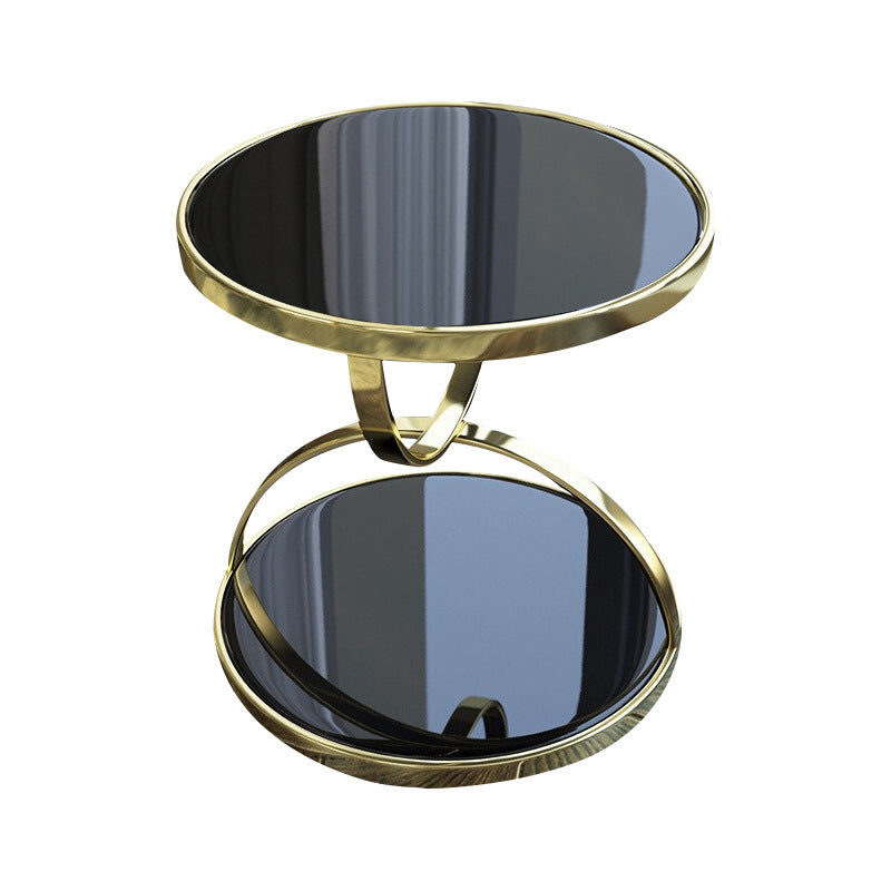 Glam Round Double Tier End Table Glossy Stone Side Table with Shelf