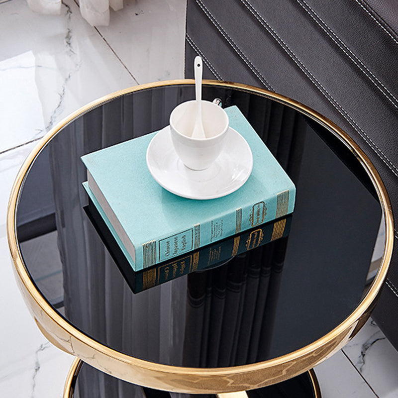 Glam Round Double Tier End Table Glossy Stone Side Table with Shelf