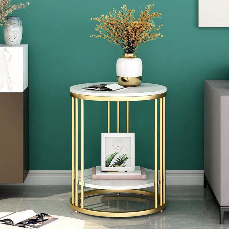 Frame Base Design Gold/ Black Metal Slate Top White Rectangular Side Table