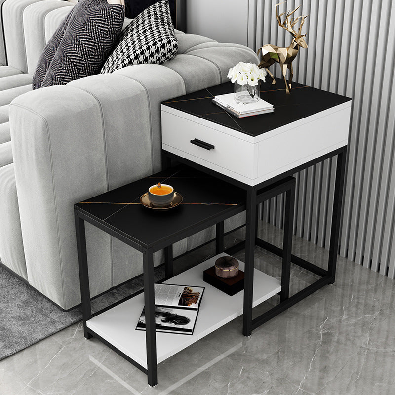 Contemporary Living Room Sofa Side Table Stone Top End Table with Drawer and Shelf