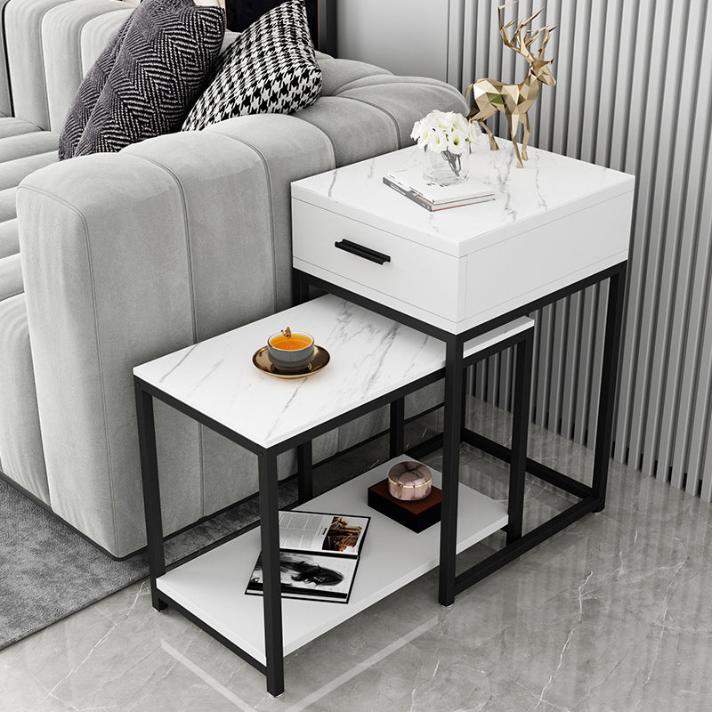 Contemporary Living Room Sofa Side Table Stone Top End Table with Drawer and Shelf