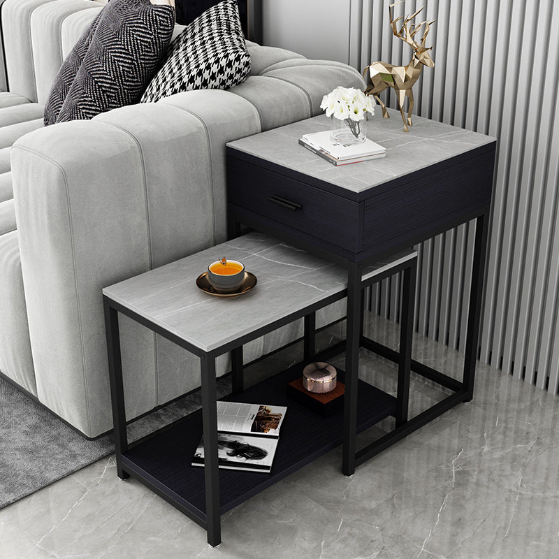Contemporary Living Room Sofa Side Table Stone Top End Table with Drawer and Shelf
