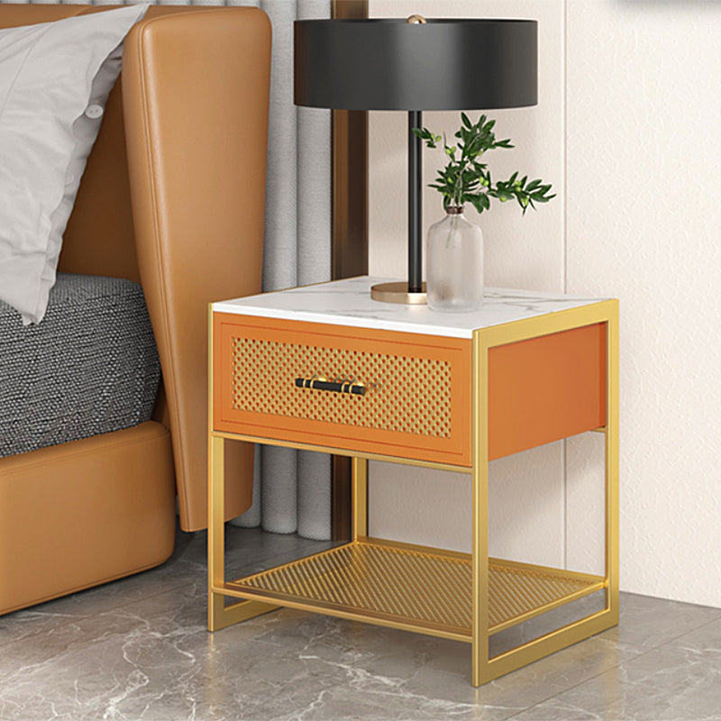 Stone Top Storage Nightstand Metal Night Table with Shelves and Drawer