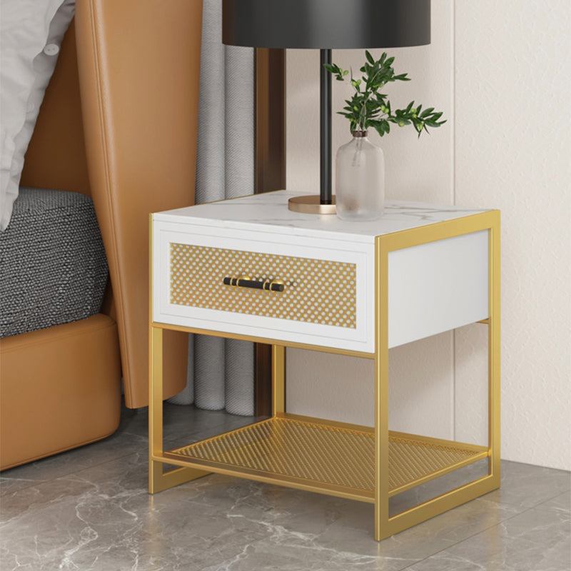 Stone Top Storage Nightstand Metal Night Table with Shelves and Drawer
