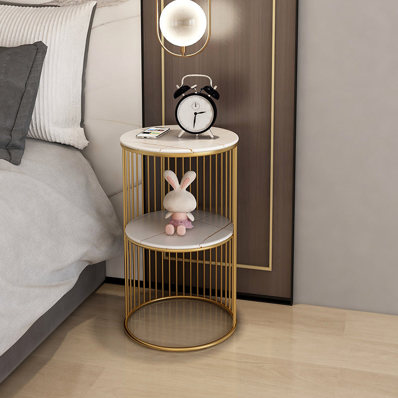 Round Stone Top Nightstand Metal Frame Night Table with Shelves