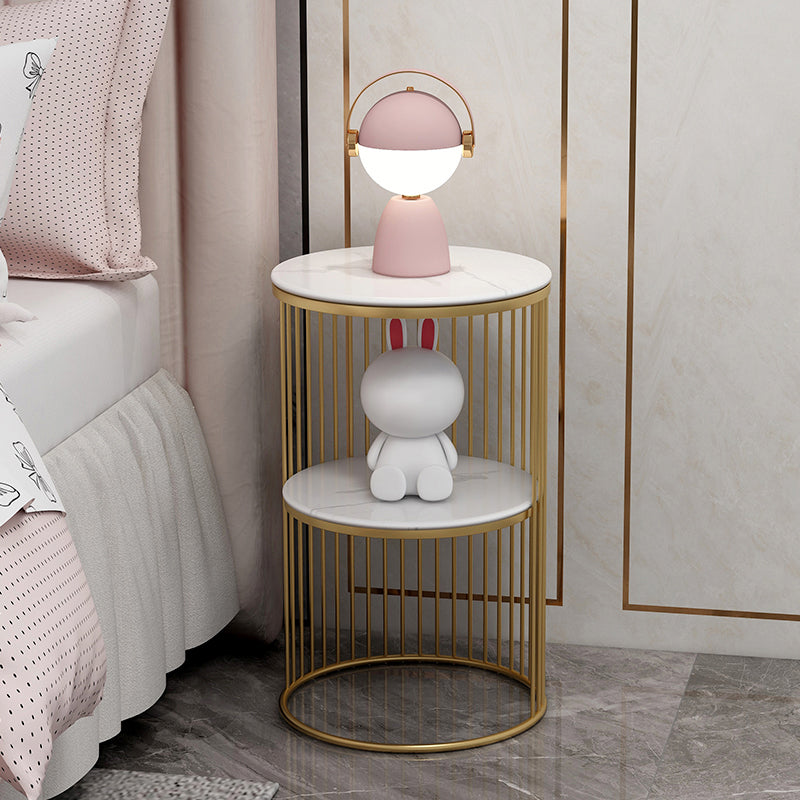 Round Stone Top Nightstand Metal Frame Night Table with Shelves