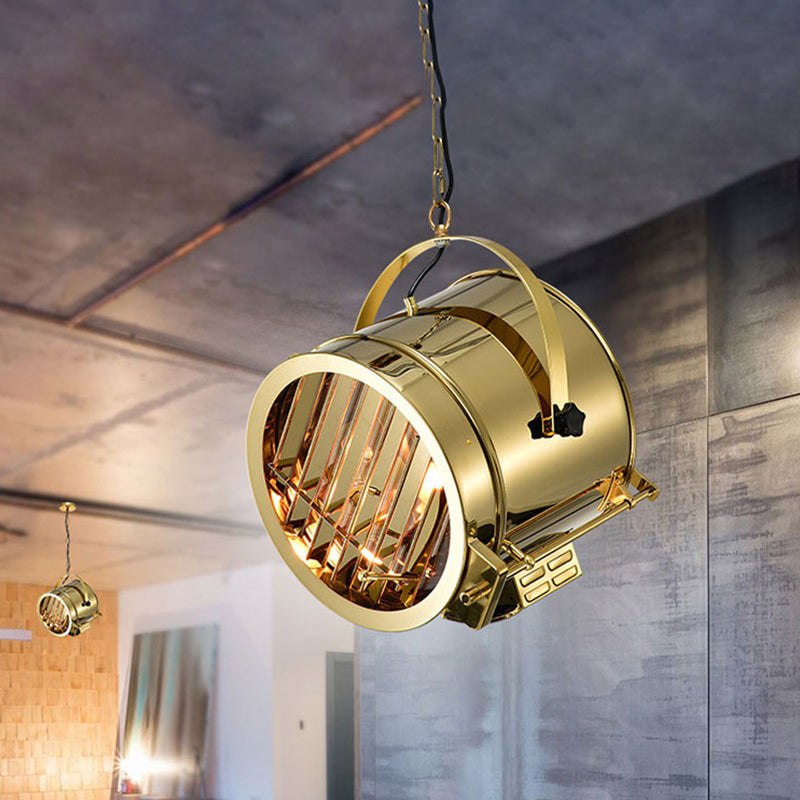 Stainless Steel Gold Pendant Light Fixture Drum 1-Head Art Deco Spotlight with Handle for Office