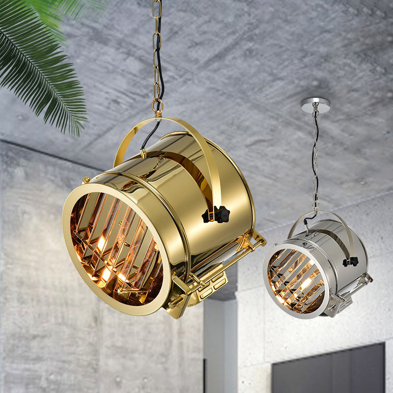 Stainless Steel Gold Pendant Light Fixture Drum 1-Head Art Deco Spotlight with Handle for Office