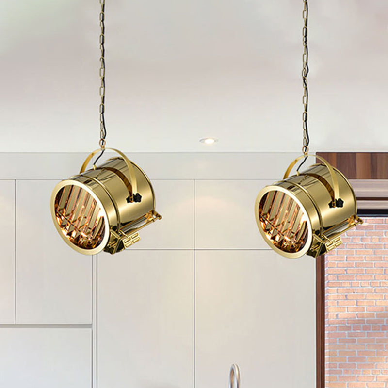 Stainless Steel Gold Pendant Light Fixture Drum 1-Head Art Deco Spotlight with Handle for Office