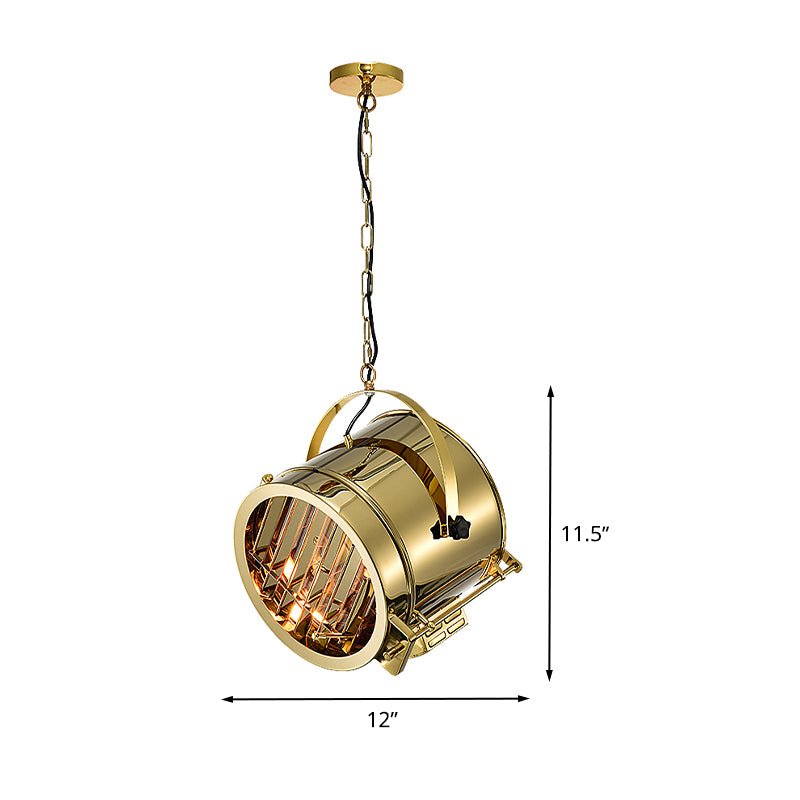 Stainless Steel Gold Pendant Light Fixture Drum 1-Head Art Deco Spotlight with Handle for Office