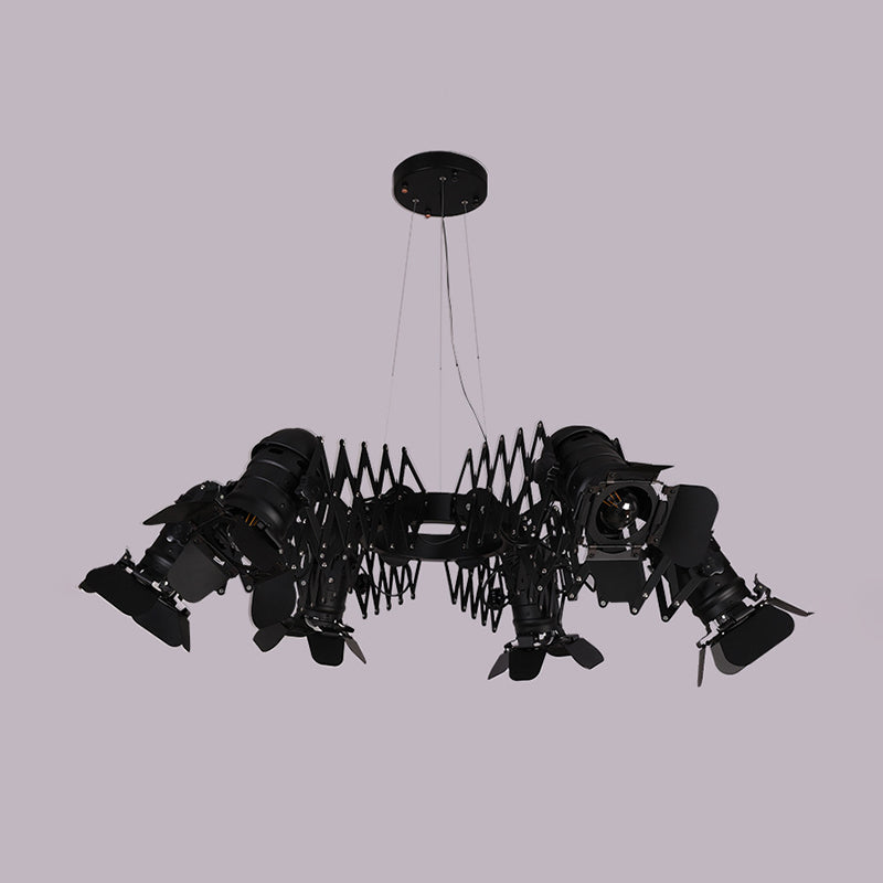 Black 5 Heads Spotlight Art Deco Iron Camera Chandelier Pendant Lamp with Telescopic Arm