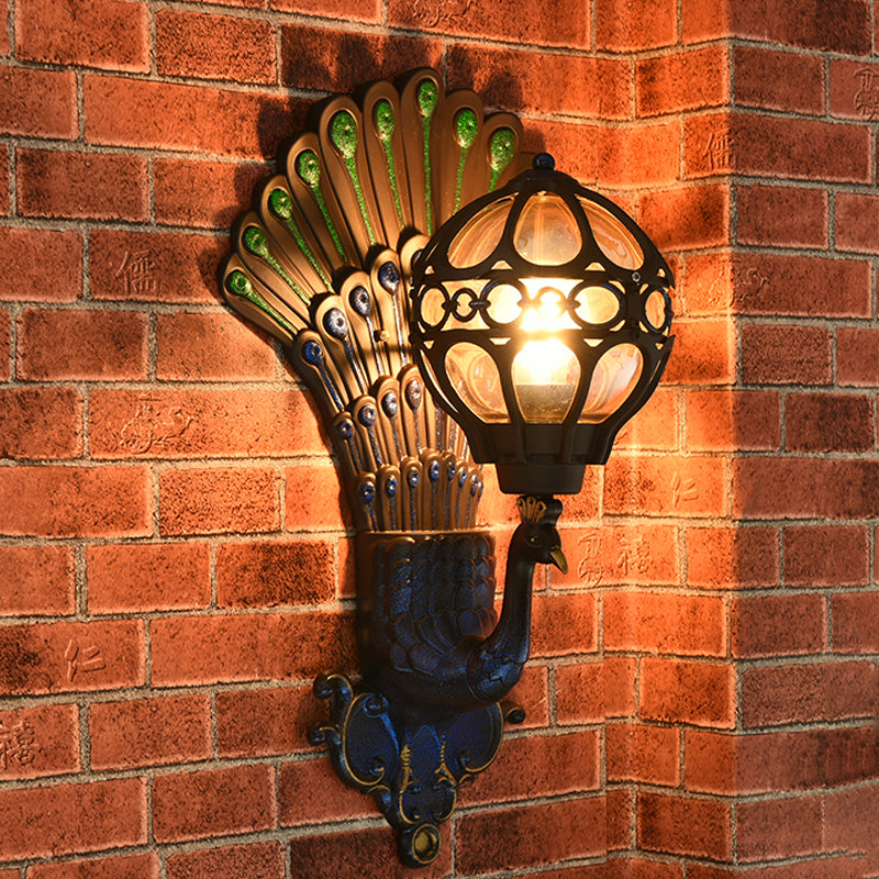 Lake Blue Globe Wall Light Fixture Industrial Metal 1 Light Hallway Wall Mount Sconce with Peacock Backplate