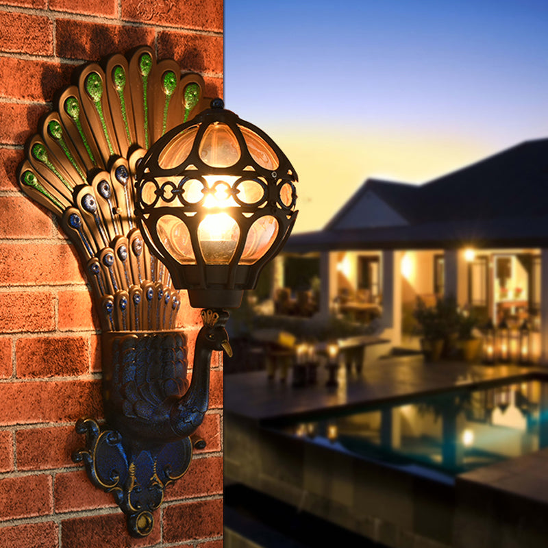 Lake Blue Globe Wall Light Fixture Industrial Metal 1 Light Hallway Wall Mount Sconce with Peacock Backplate