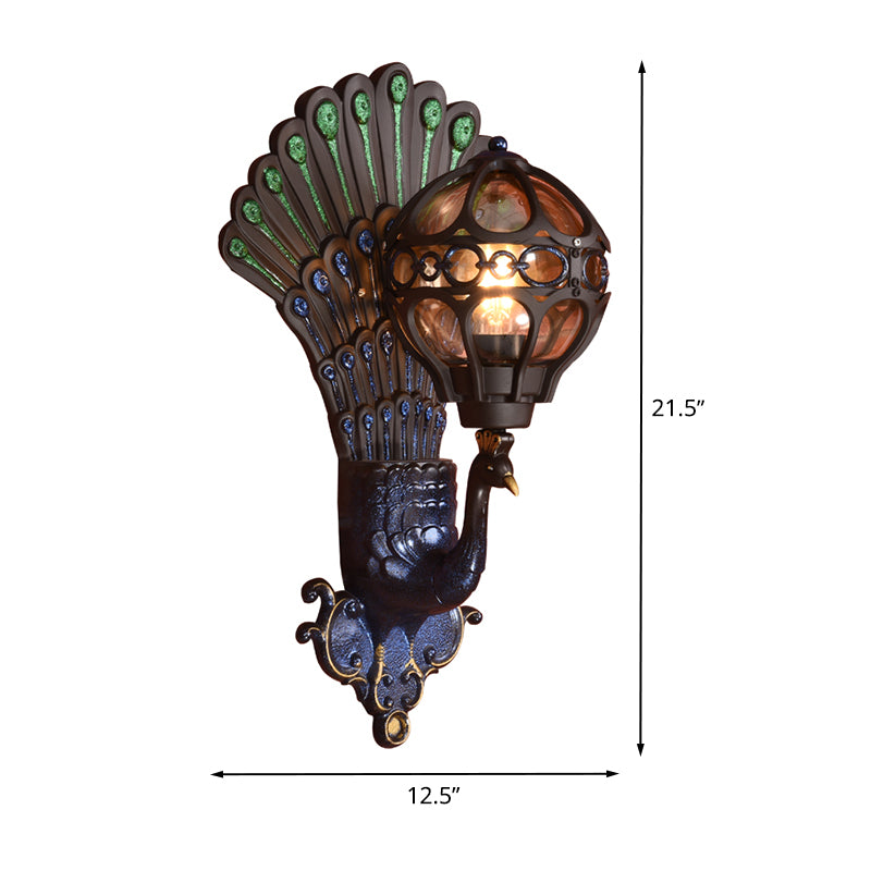 Lake Blue Globe Wall Light Fixture Industrial Metal 1 Light Hallway Wall Mount Sconce with Peacock Backplate