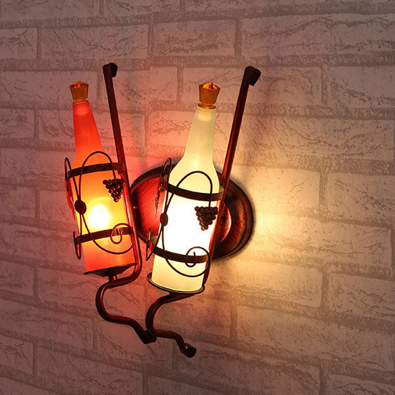 Art Deco Bottle Wall Mount Lighting 2 Bulbs Yellow/Yellow and Green/Red and White Glass Wall Sconce Lamp in Copper with Wine Rack Backplate