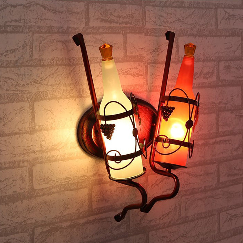 Art Deco Bottle Wall Mount Lighting 2 Bulbs Yellow/Yellow and Green/Red and White Glass Wall Sconce Lamp in Copper with Wine Rack Backplate