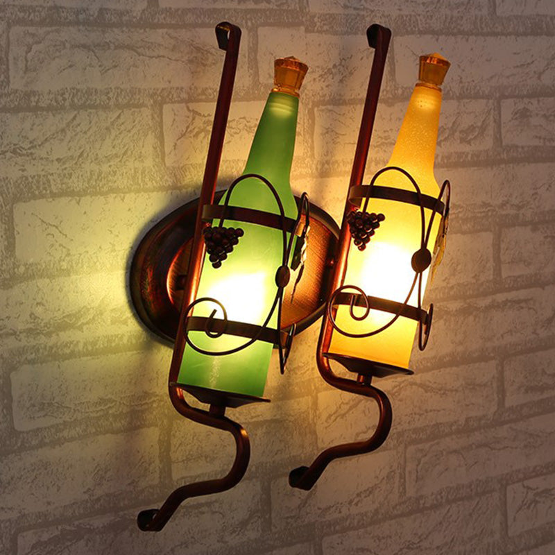 Art Deco Bottle Wall Mount Lighting 2 Bulbs Yellow/Yellow and Green/Red and White Glass Wall Sconce Lamp in Copper with Wine Rack Backplate