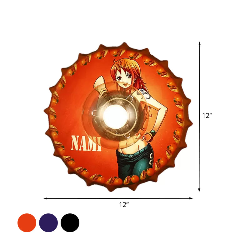 Luminación de tapa de la botella de metal iluminación vintage de 1 luce lámpara de montaje en la pared de la pared en rojo/negro/azul con patrón de princesa