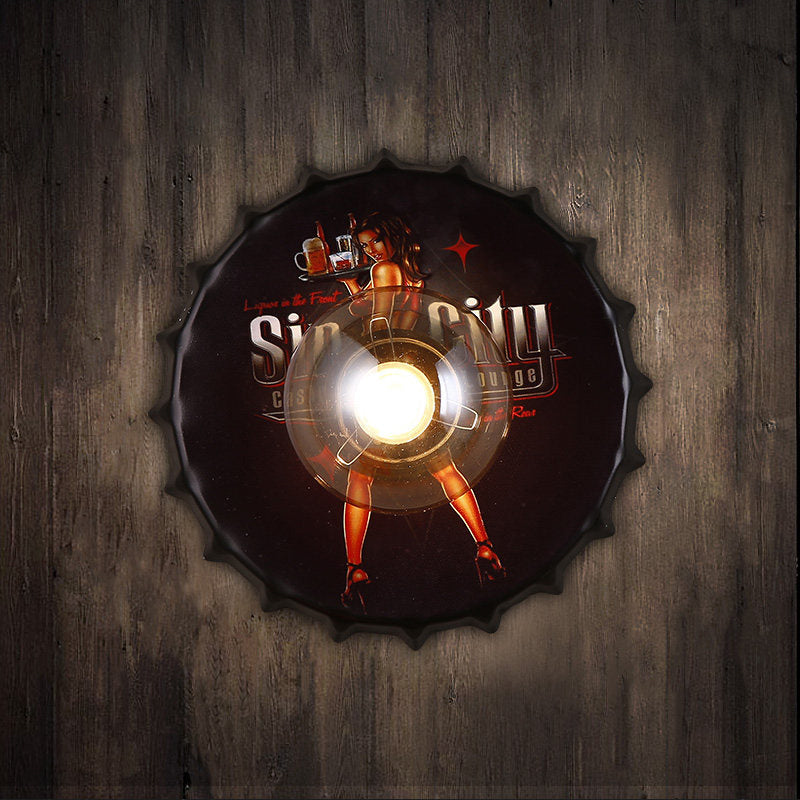 Luminación de tapa de la botella de metal iluminación vintage de 1 luce lámpara de montaje en la pared de la pared en rojo/negro/azul con patrón de princesa