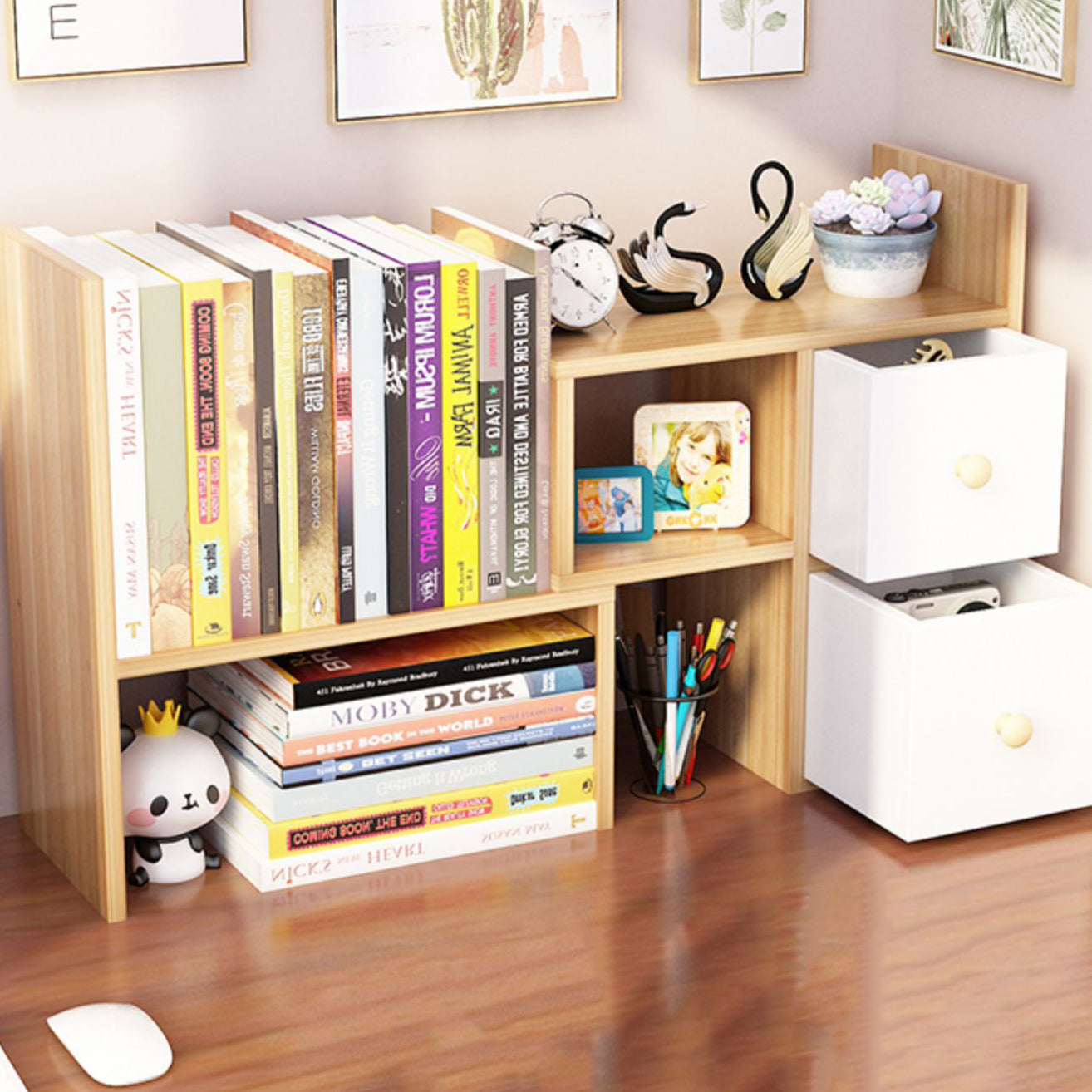 Modern Engineered Wood Bookcase, Geometric Bookshelf for Any Room,14" H X 7" W