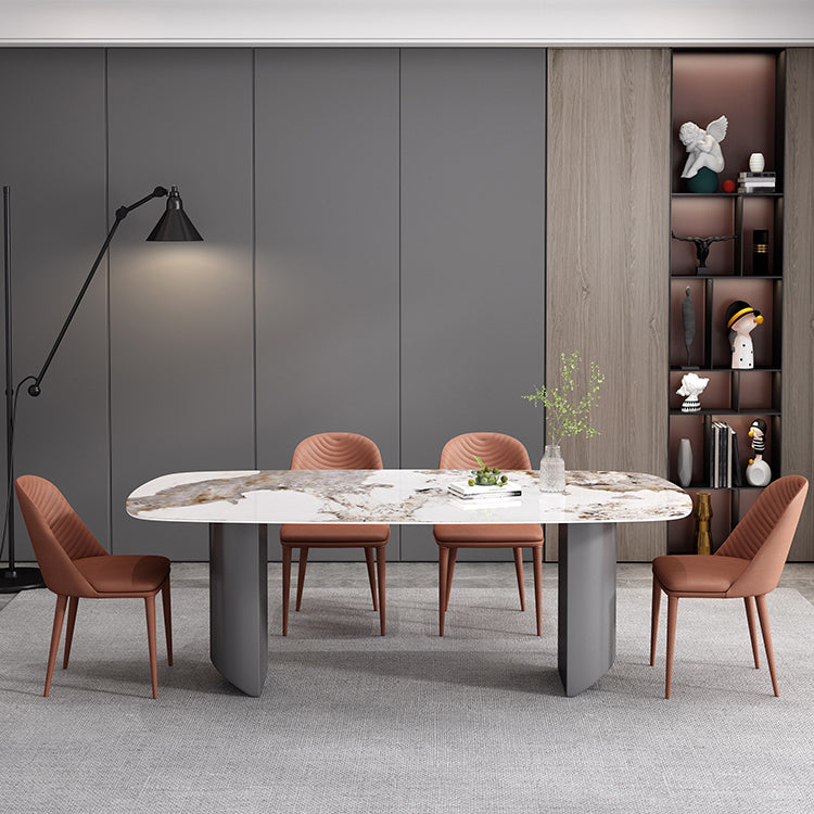 Sintered Stone Top Dining Table in White Modern Rectangle Table with Double Pedestal
