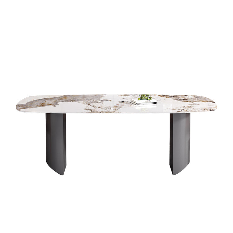 Sintered Stone Top Dining Table in White Modern Rectangle Table with Double Pedestal