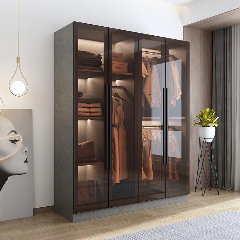 Modern Grey Wardrobe for Home Mirrored Finish Cabinet with Glass Door