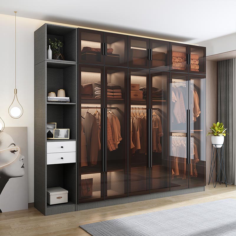 Modern Grey Wardrobe for Home Mirrored Finish Cabinet with Glass Door