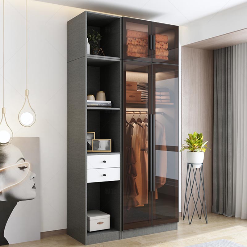 Modern Grey Wardrobe for Home Mirrored Finish Cabinet with Glass Door