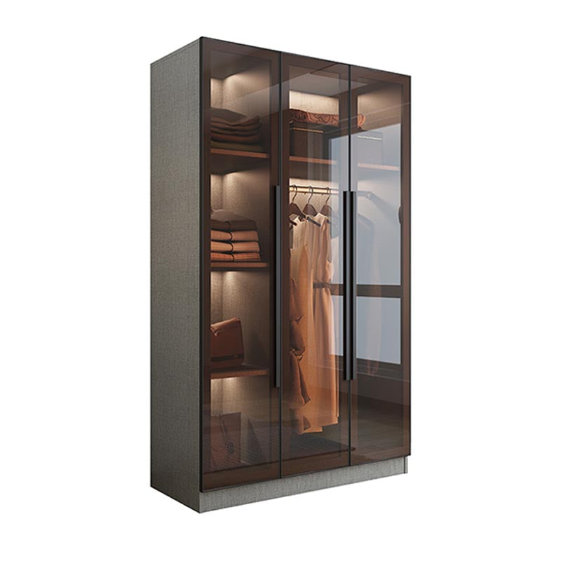 Modern Grey Wardrobe for Home Mirrored Finish Cabinet with Glass Door