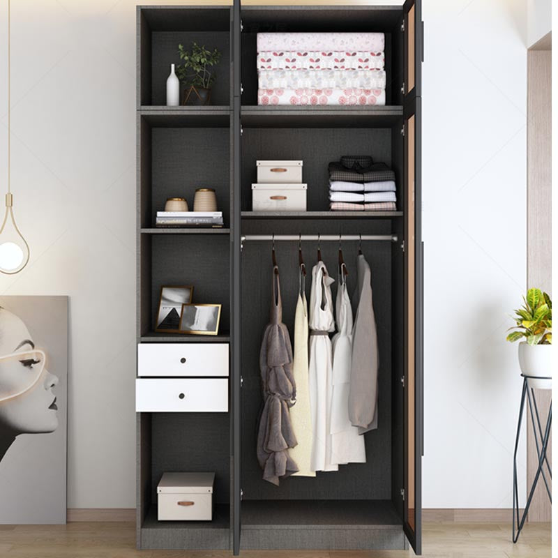 Modern Grey Wardrobe for Home Mirrored Finish Cabinet with Glass Door