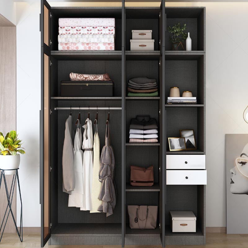 Modern Grey Wardrobe for Home Mirrored Finish Cabinet with Glass Door