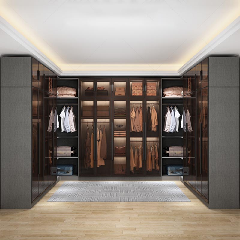 Modern Grey Wardrobe for Home Mirrored Finish Cabinet with Glass Door