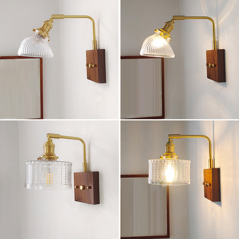 Modern Wood Wall Sconce Geometric Shape Wall Light with Glass Shade for Bedroom