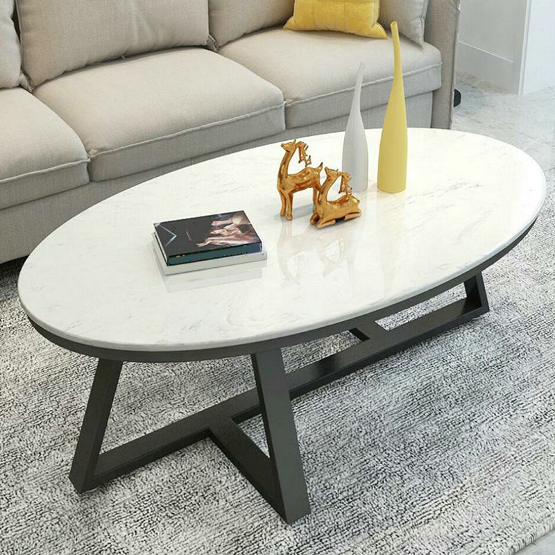 Glam Metal Cross Legs Coffee Table Faux Marble/Slate Oval Coffee Table
