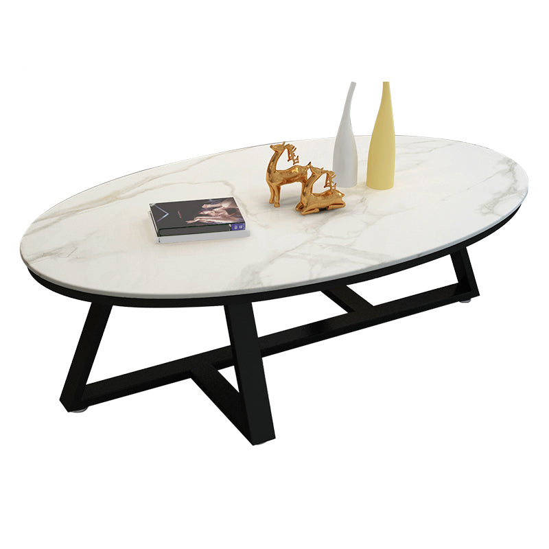 Glam Metal Cross Legs Coffee Table Faux Marble/Slate Oval Coffee Table