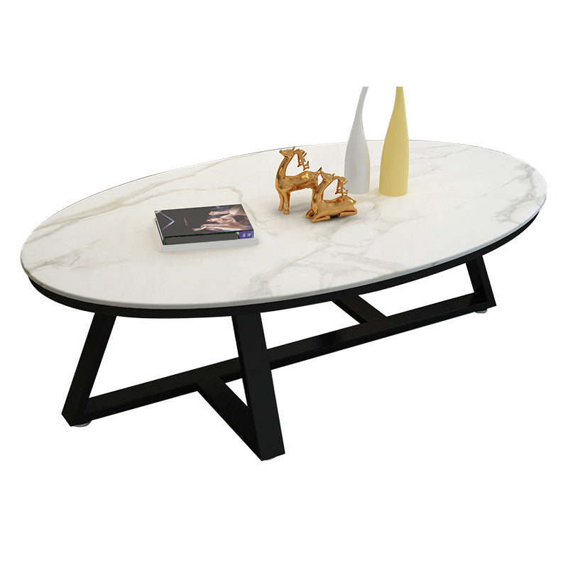 Glam Metal Cross Legs Coffee Table Faux Marble/Slate Oval Coffee Table