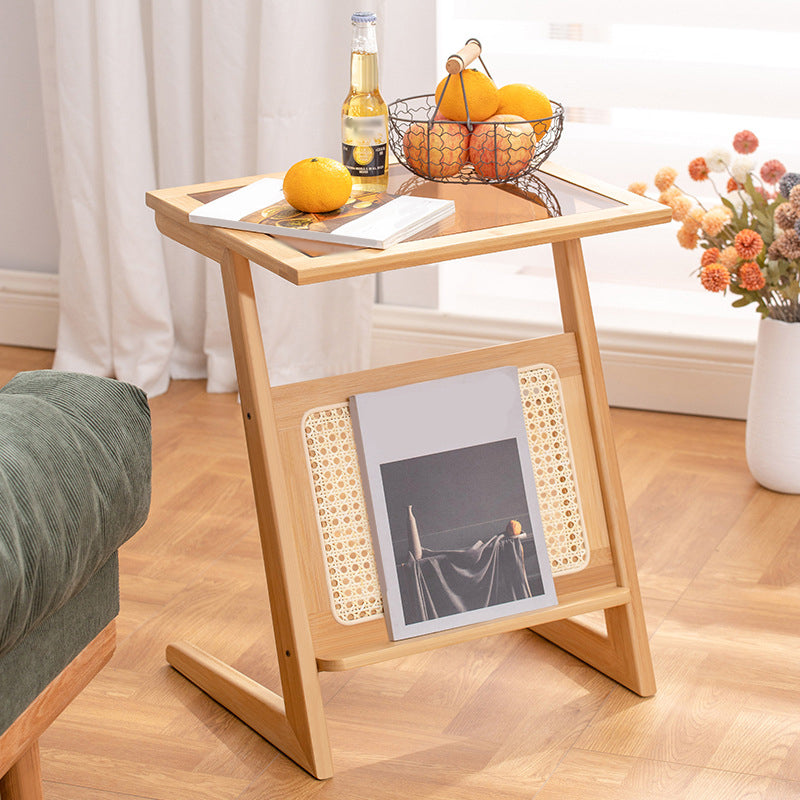 22.8" Tall Rectangular Glass Side Table Solid Wood Abstract End Table with Storage